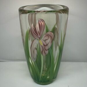 Orient & Flume Art Glass Vase B. Sillars Signed Iris Floral Encased 9”